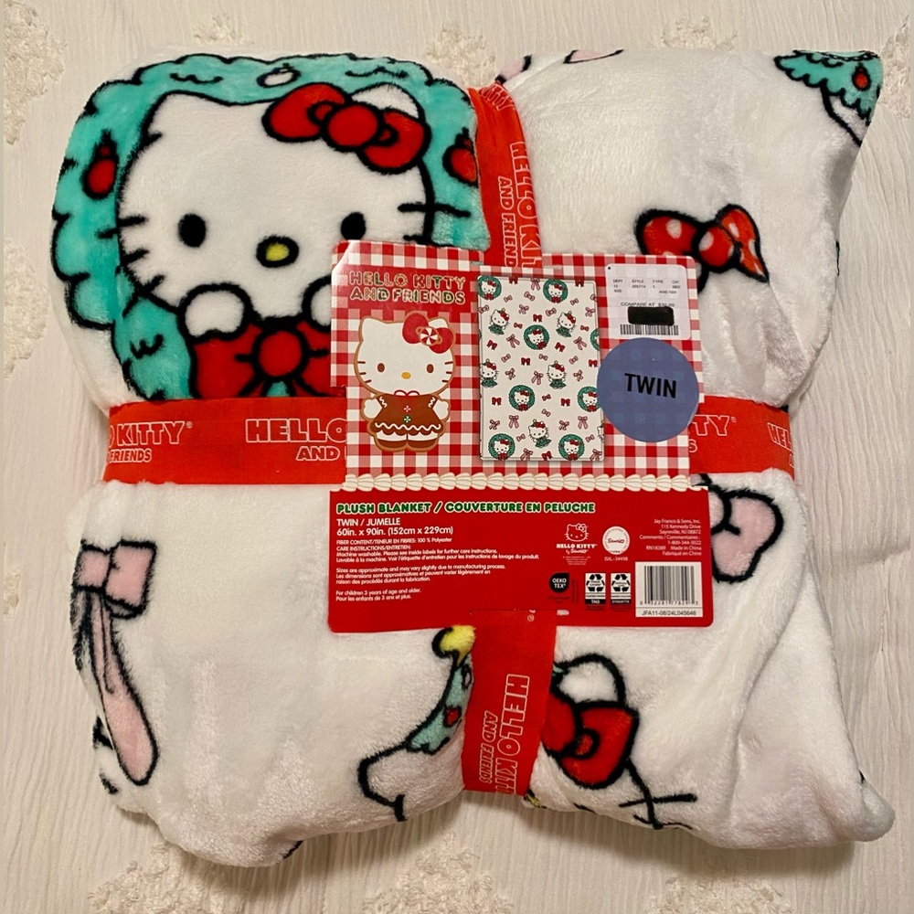 Hello Kitty Christmas Tree Dress Wreath Pink Bows TWIN 60 x 90 Throw Blanket